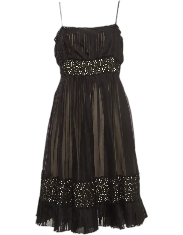 Lace Trim Silk Pleated Midi Empire Dress