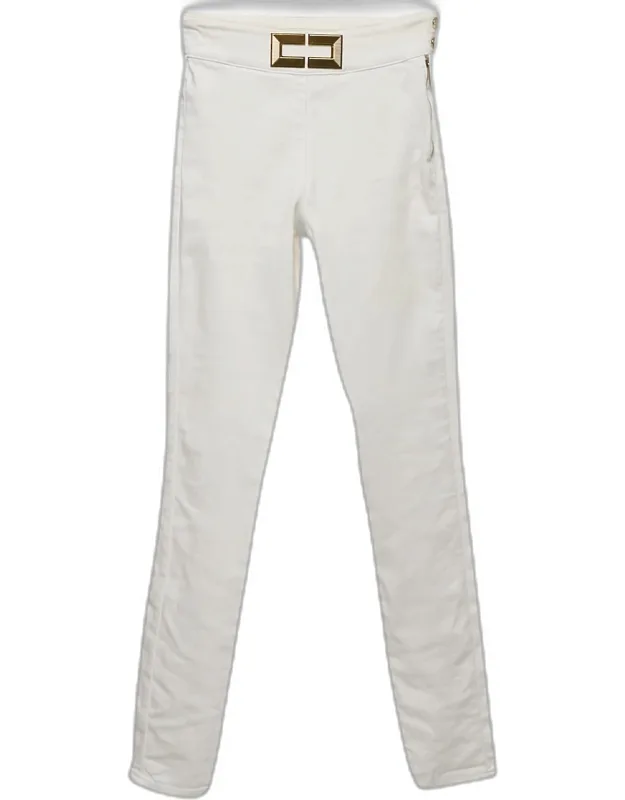 White Denim Metal Logo Detail High Waist Jeans