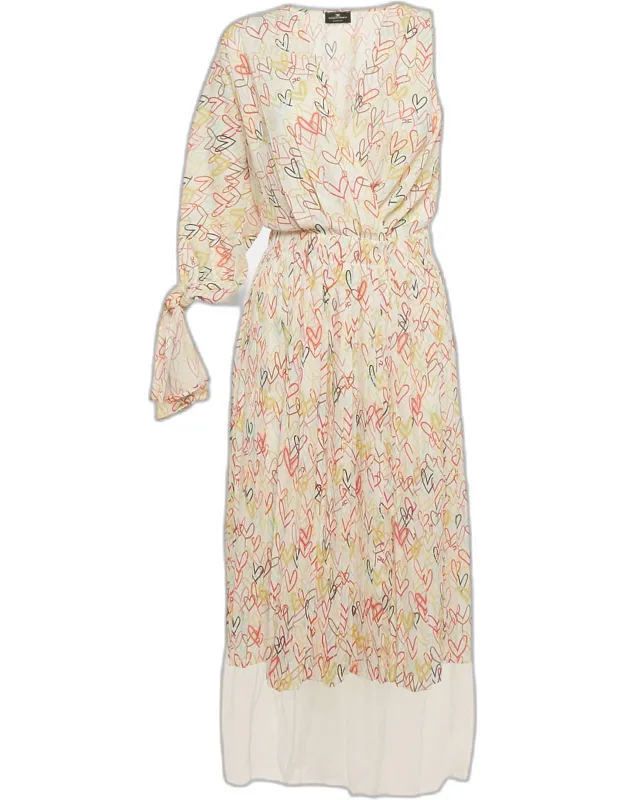 Multicolor Heart Print Crepe One Shoulder Midi Dress