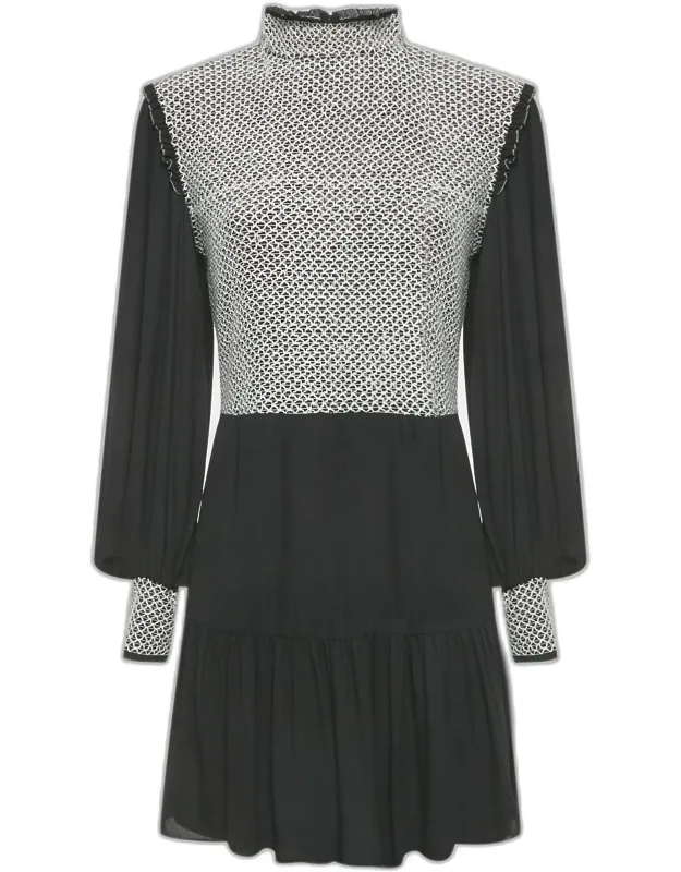 Embroidered Detail Crepe Tiered Mini Dress