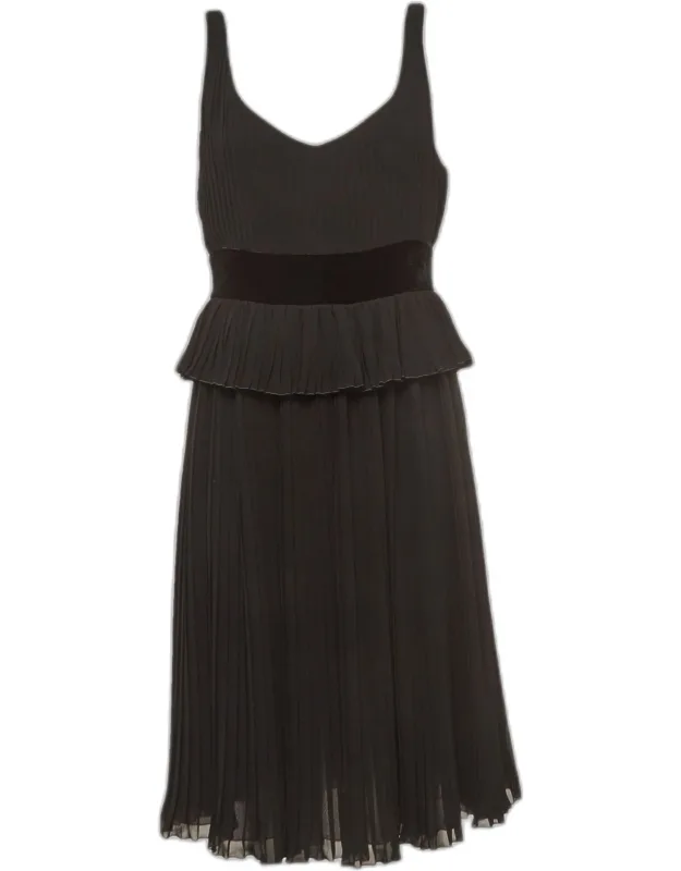 Velvet Trim Crepe Pleated Midi Dress