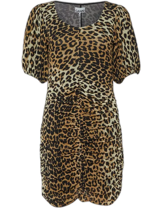Animal Printed Mesh Ruched Mini Dress