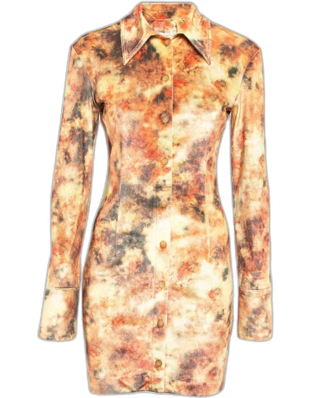 Abstract Floral Print Stretch Velvet Mini Dress