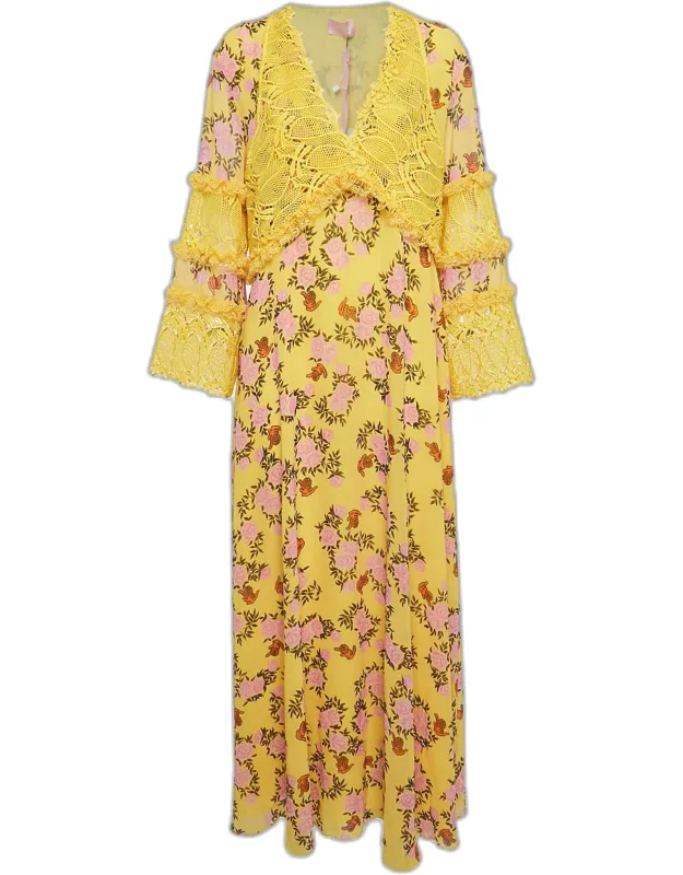 Floral Print Chiffon And Lace Cut-out Maxi Dress