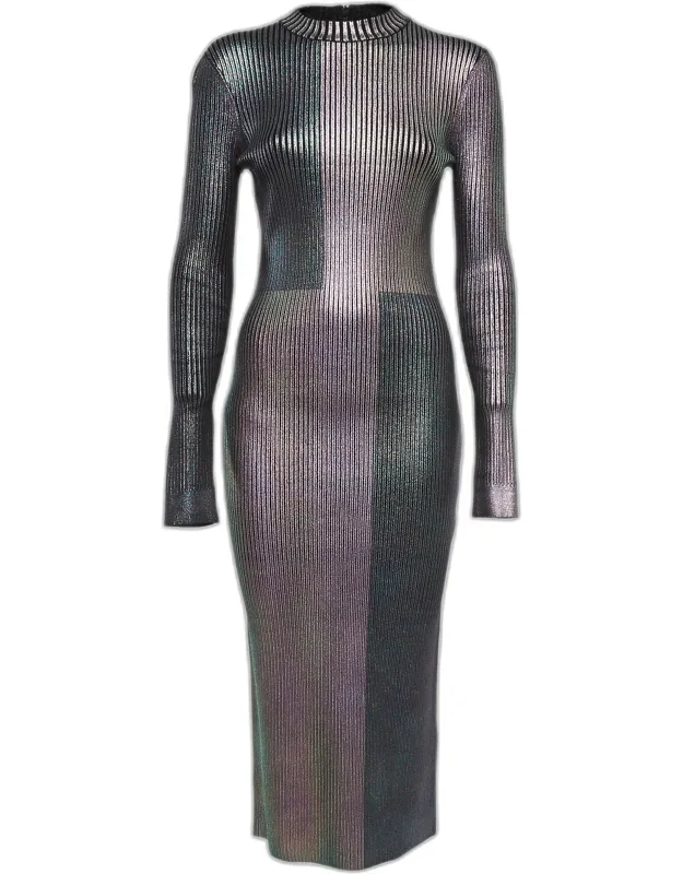 Multicolor Foil Print Rib Knit Bodycon Dress