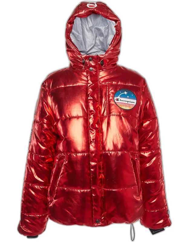 Lame Printed & Badge Detail Puffer Overcoat