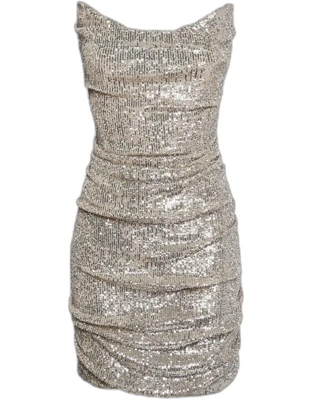 Silver Sequin Ruche Strapless Mini Dress