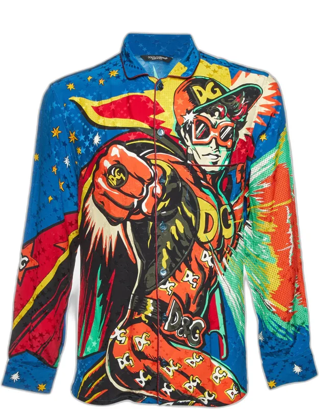 Superhero Print Silk Blend Pajama Shirt