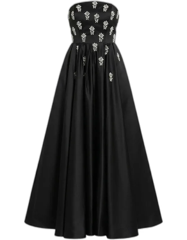 Embellished Satin Strapless Tea-length Dress