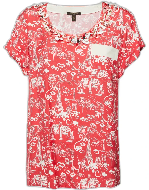 Paris Art Print Crepe Bead Embellished Blouse