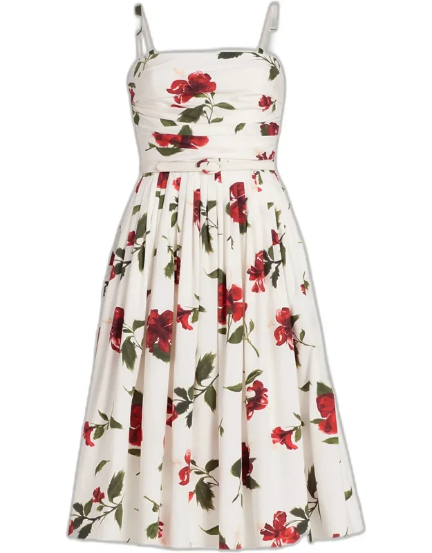 Hibiscus Print Cotton Pleated Midi Dress