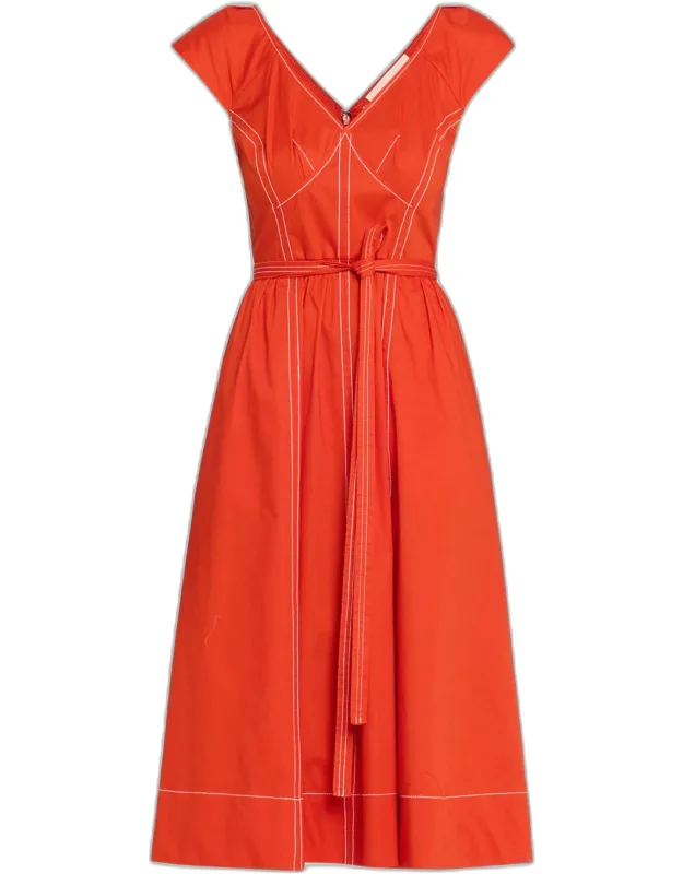 Cap-sleeve V-neck Belted Bustier Midi Dress