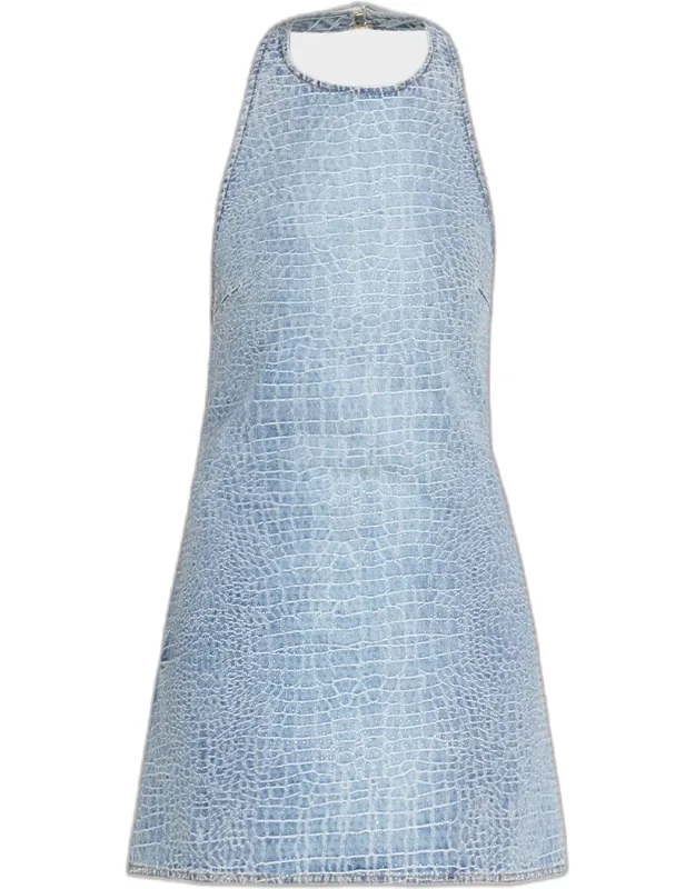 Rhinestone Croc-effect Denim Mini Dress