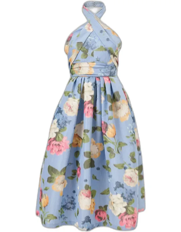 Floral Crisscross Halter Midi Dress