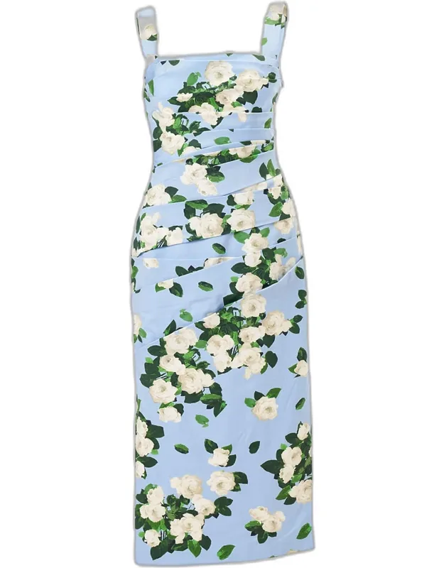Draped Floral Cotton Sleeveless Midi Dress