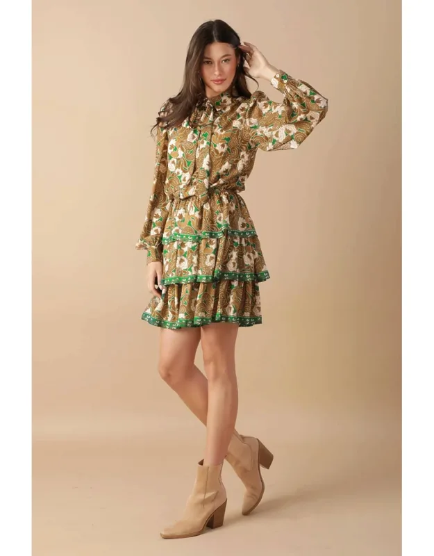 Open Path Woven Mini Dress With Shirt Collar And Elasticized Waist