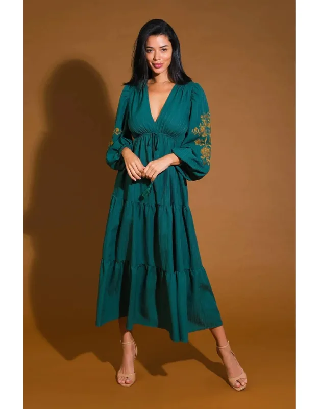 Young Love Midi Dress With Deep V Neckline And Embroidered Sleeves