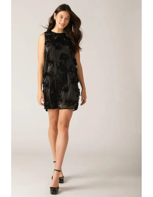 Radiant Spirit Woven Mini Dress With Rosette Applique And Back Neck Bow Tie Closure