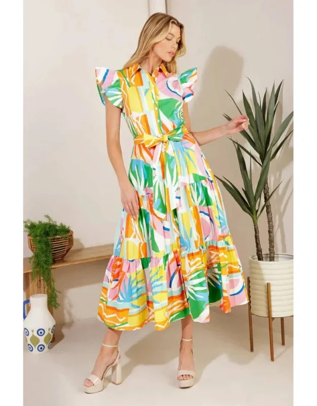 Too Much To Bear Woven Midi Dress With Collar And Tiered Skirt