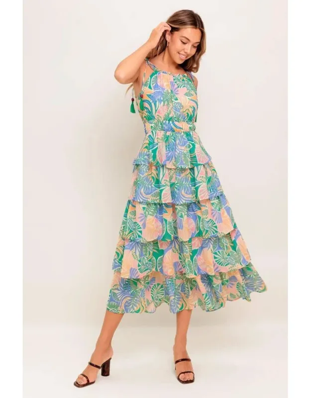 Cabana Dreams Woven Midi Dress With Ruffled Bib Neckline And Layered Skirt