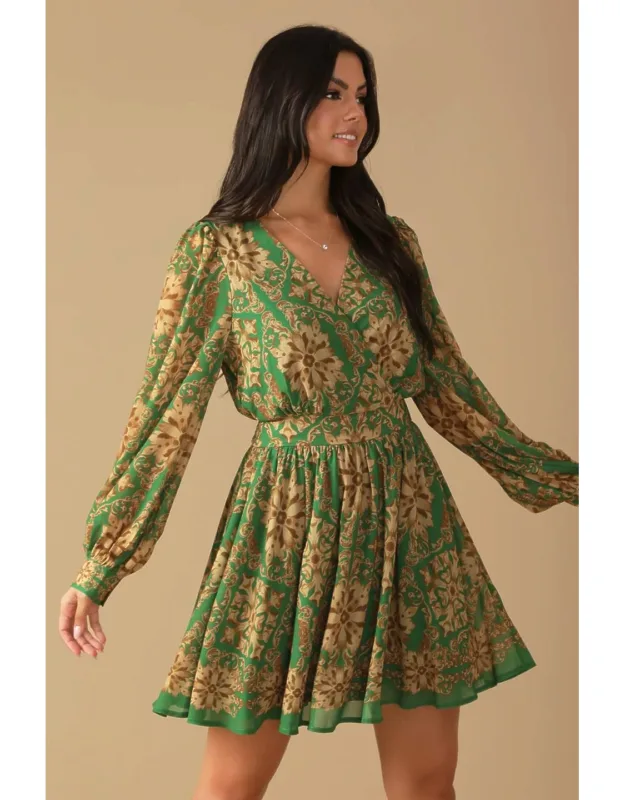 Got Me Wondering Mini Dress With Surplice Neckline And Long Sleeve Cuff
