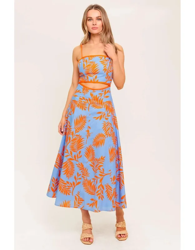 Apricot Sunset Woven Midi Dress With Front Waist Cut Out And Circle Skirt