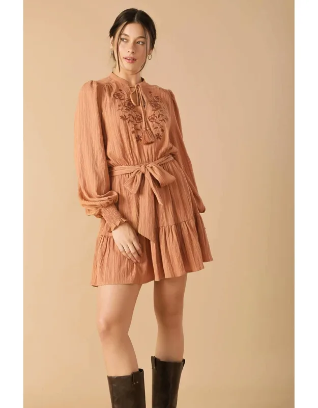 Wandering Mind Woven Mini Dress With Front Tie And Ruffled Hemline