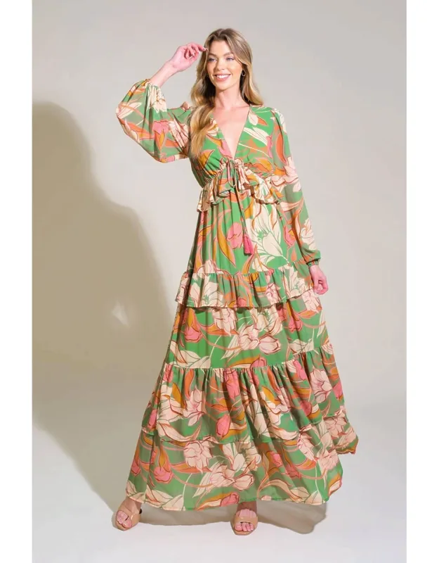 Grace In Every Step Woven Maxi Dress With V Neckline And Ruffled Tiered Skirt