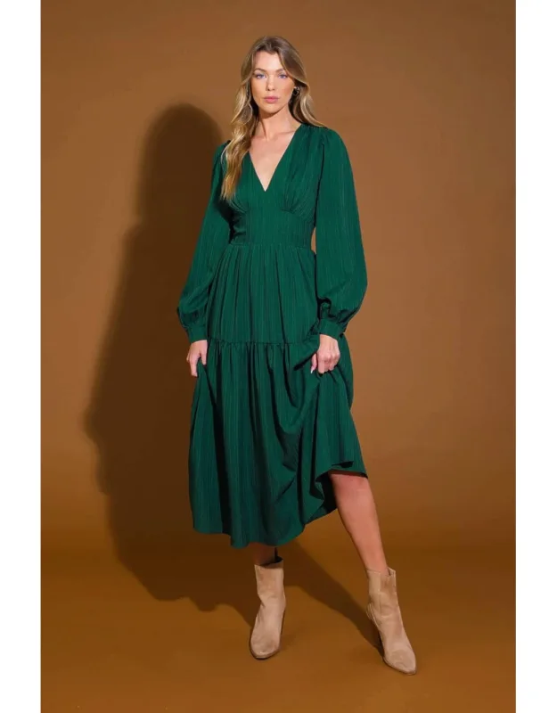 Posh Presence Woven Midi Dress With V Neckline And Ruffled Hemline