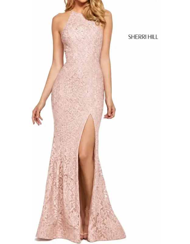 Lace Halter Gown With High Slit And Rhinestones