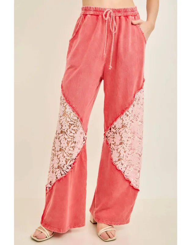 Mineral Washed Floral Lace Elastic Waist Cool Pants