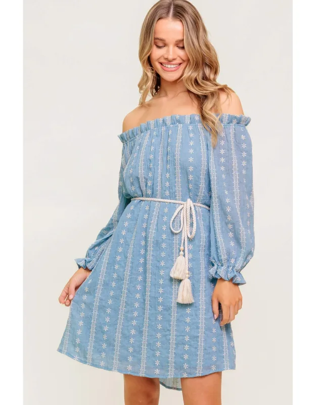 No More Cloudy Skies Woven Mini Dress With Embroidered Off Shoulder Neckline