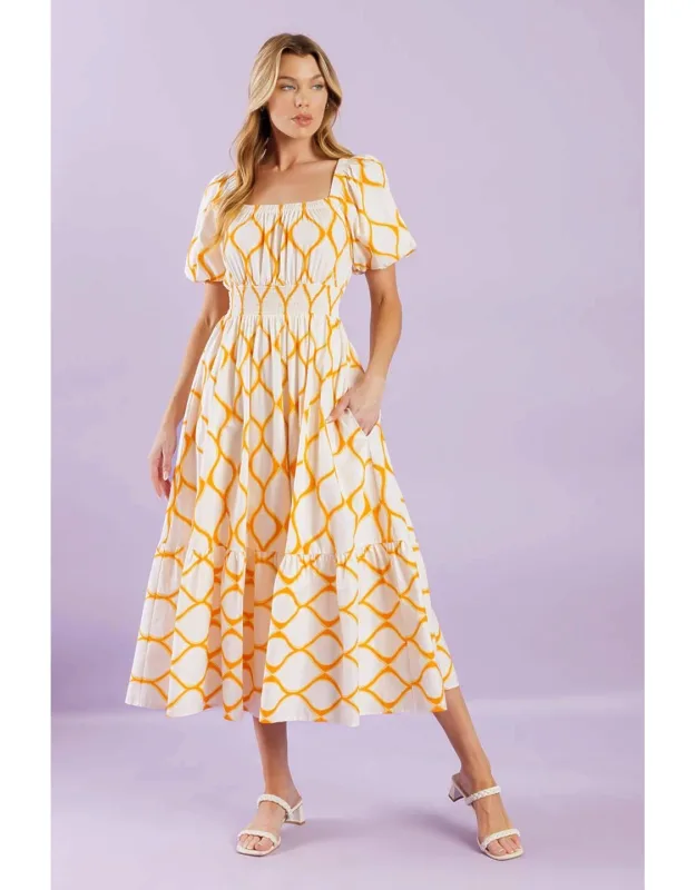 Iconic Summer Woven Midi Dress With Square Neckline And Puff Sleeves