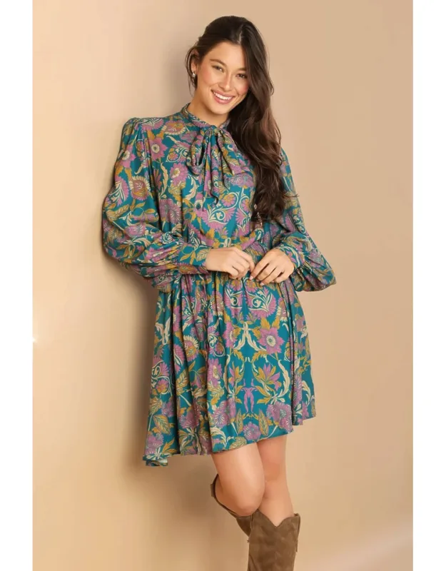 Much To Do Woven Mini Dress With Front Neck Bow Tie And Full Skirt