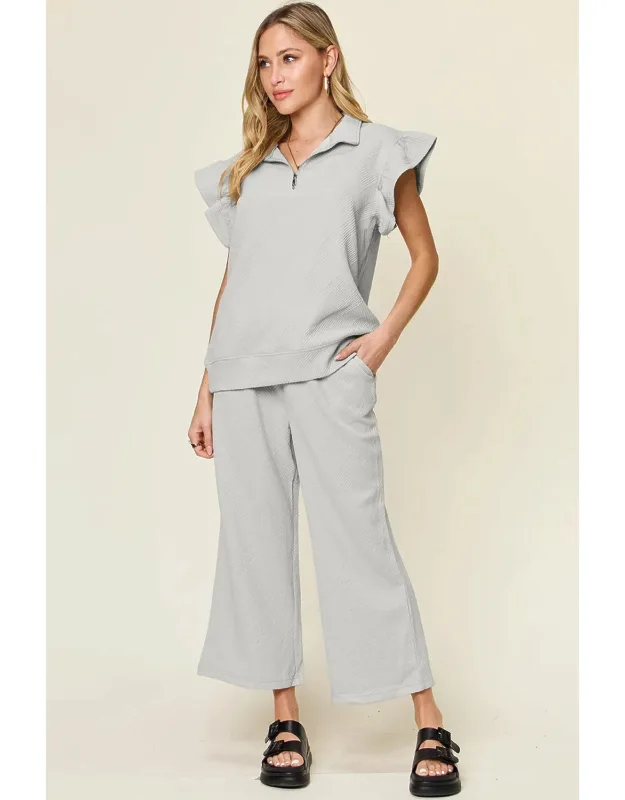 Double Take Texture Ruffle Top And Drawstring Wide Leg Pants Set