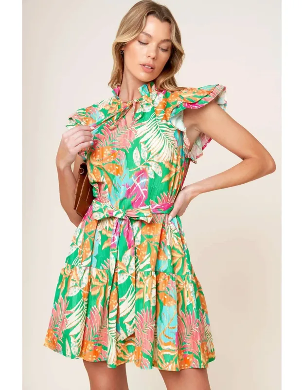 Shine With Me Woven Mini Dress With High Neckline And Ruffled Hemline