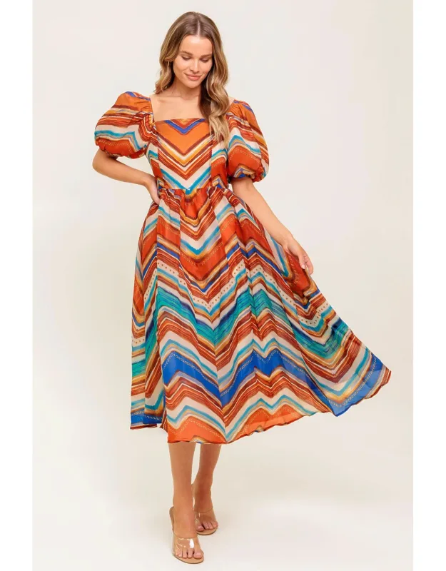 Bright Personality Woven Midi Dress With Square Neckline And Puff Sleeves
