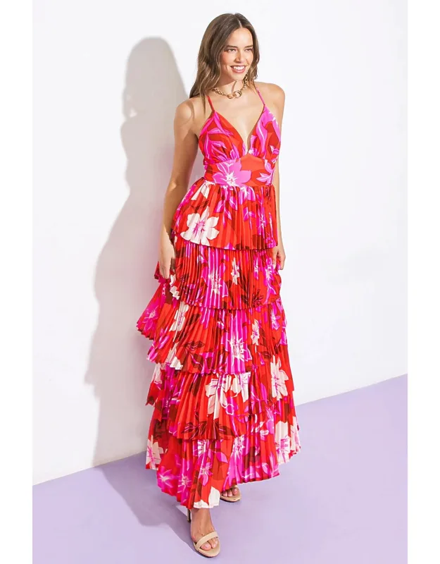 Beyond Amazing Woven Maxi Dress With Pleated Layered Skirt And Cross Straps