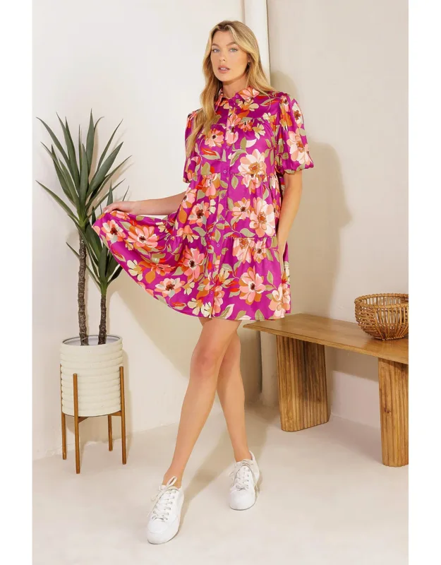Conceptually Chic Woven Mini Dress With Shirt Collar And Puff Sleeves