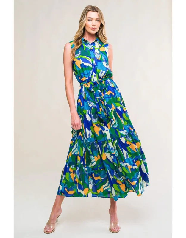 Pristine Chicness Woven Midi Dress With Shirt Collar And Tiered Skirt