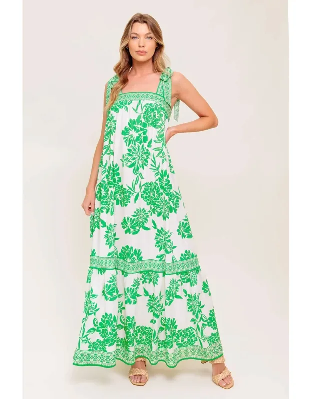Garden Tales Woven Maxi Dress With Shoulder Tie And Ruffled Hemline