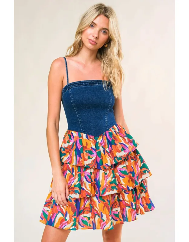 Laced In Love Mini Dress With Straight Neckline And Layered Skirt