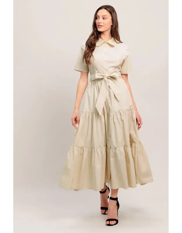 Worth The Wait Woven Midi Dress With Lace Trim And Tiered Skirt