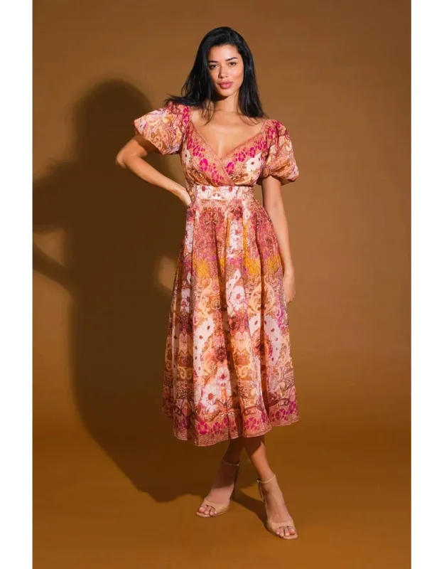 For Good Woven Midi Dress With Surplice Neckline And Puff Sleeves