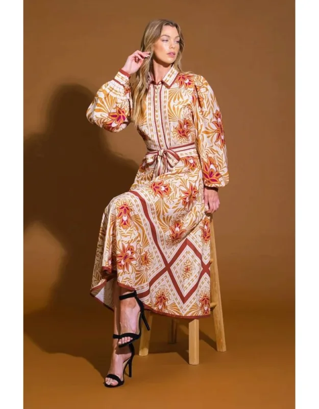 Love Espresso Woven Midi Dress With Shirt Collar And Self Sash Tie