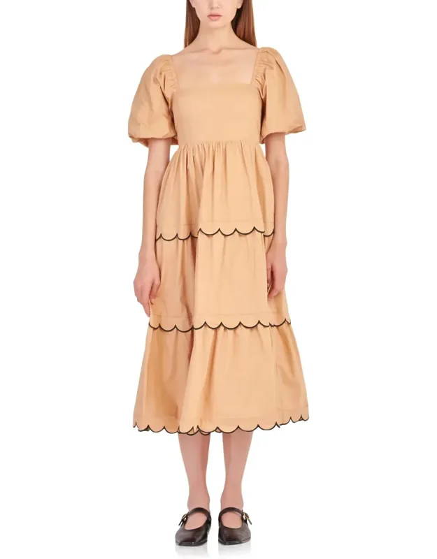 Puff Sleeve Scallop Trim Cotton Midi Dress