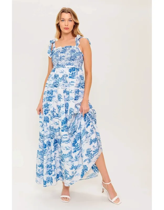 When In Rome Woven Midi Dress With Sweetheart Neckline And Smocked Bodice
