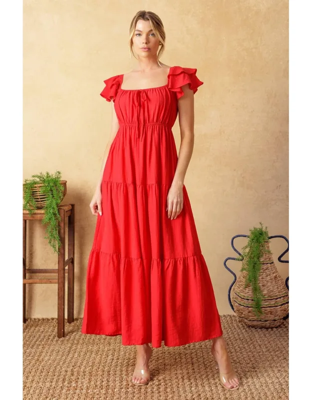 Get With It Woven Midi Dress With Square Neckline And Double Ruffled Sleeves