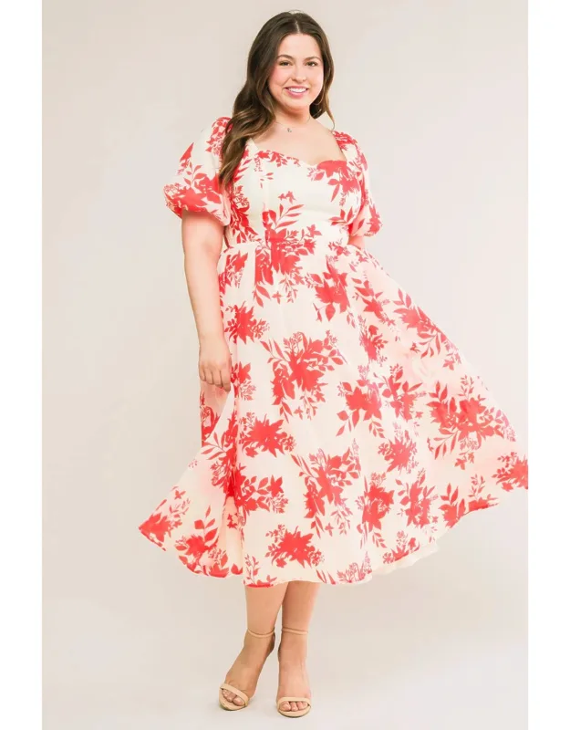 Successfully Cute Woven Midi Dress With Sweetheart Neckline And Puff Sleeves