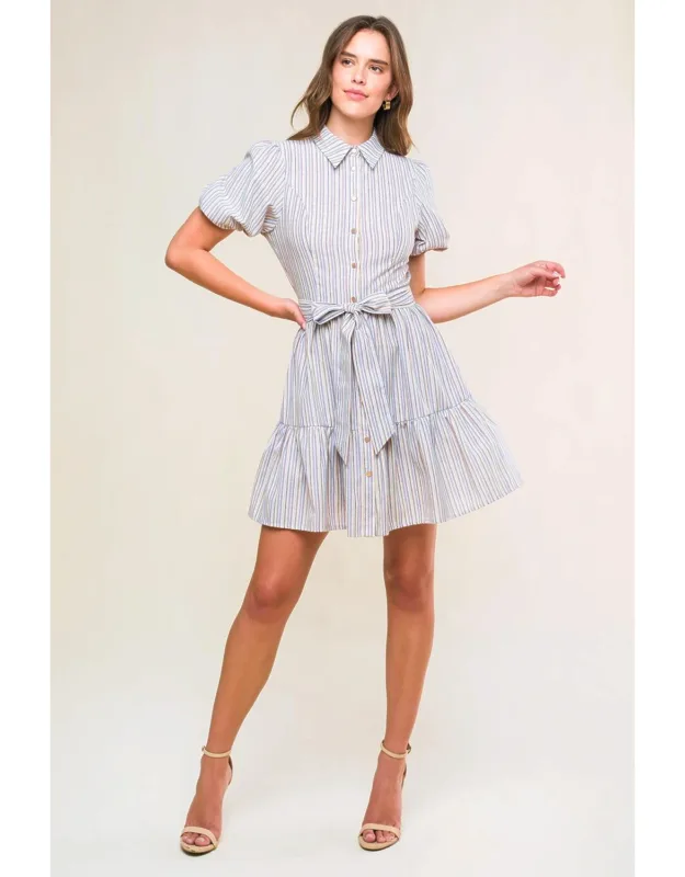 Adorable Presence Woven Mini Dress With Shirt Collar And Ruffled Hemline